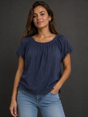 Rafaella  Womens Cotton Top Navy Shirt Navy Pom-pom Trim Boat Neck Size XL